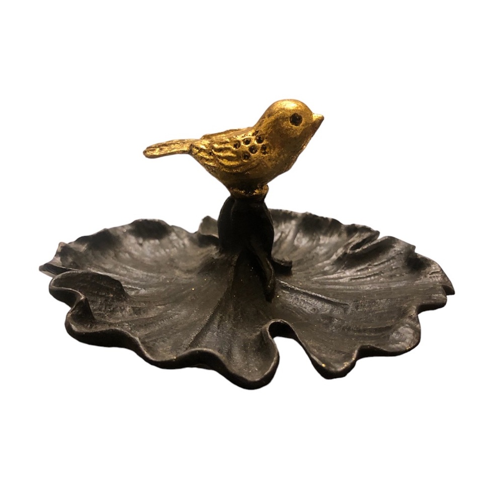 Metal trinket dish with gold bird.